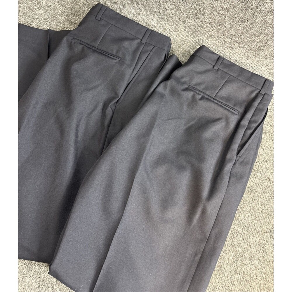 2 Pleated Dress Pants Cuffed Leg Navy Blue 35R Made In USA Vintage